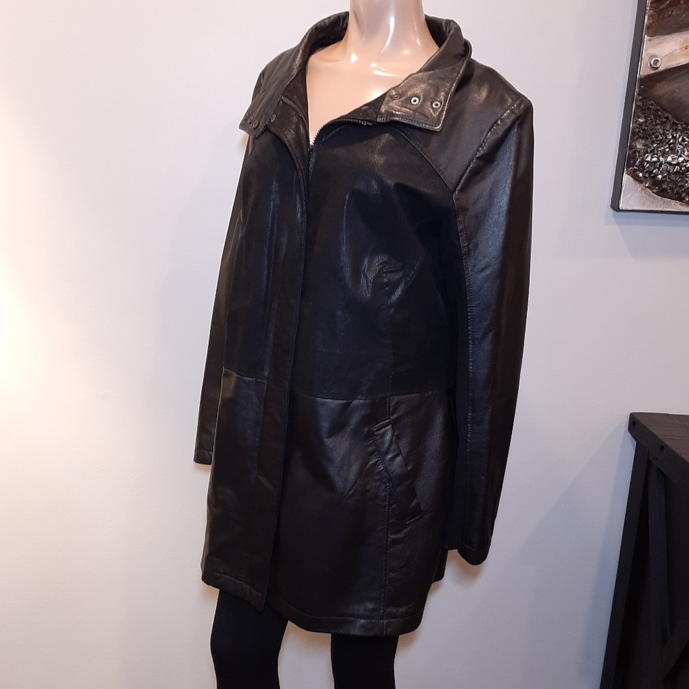 Blink By Danier Leather Jacket High Neck Mid Length Black Womens Size Large Coat - Picture 3 of 14